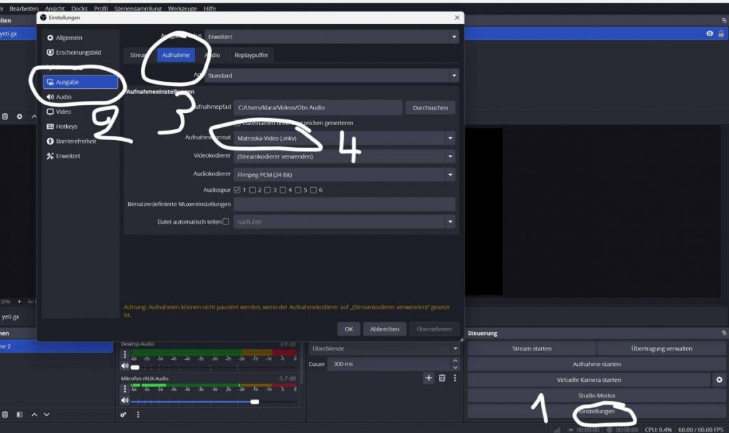 OBS Aufnahme: MKV Matroska und FFmpeg PCM 24 Bit eingestellt